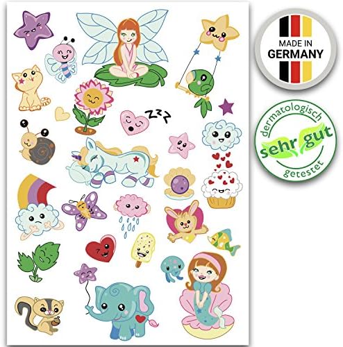 Metallic Temporary Flash Tattoos, Dermatologically Tested "VERY GOOD" and Produced in Germany, 26 Gold and Silver Motifs such as Unicorn, Fairy, Heart, Star - Perfect as a Party Gift or Favour for Girls (Unicorn Party II)