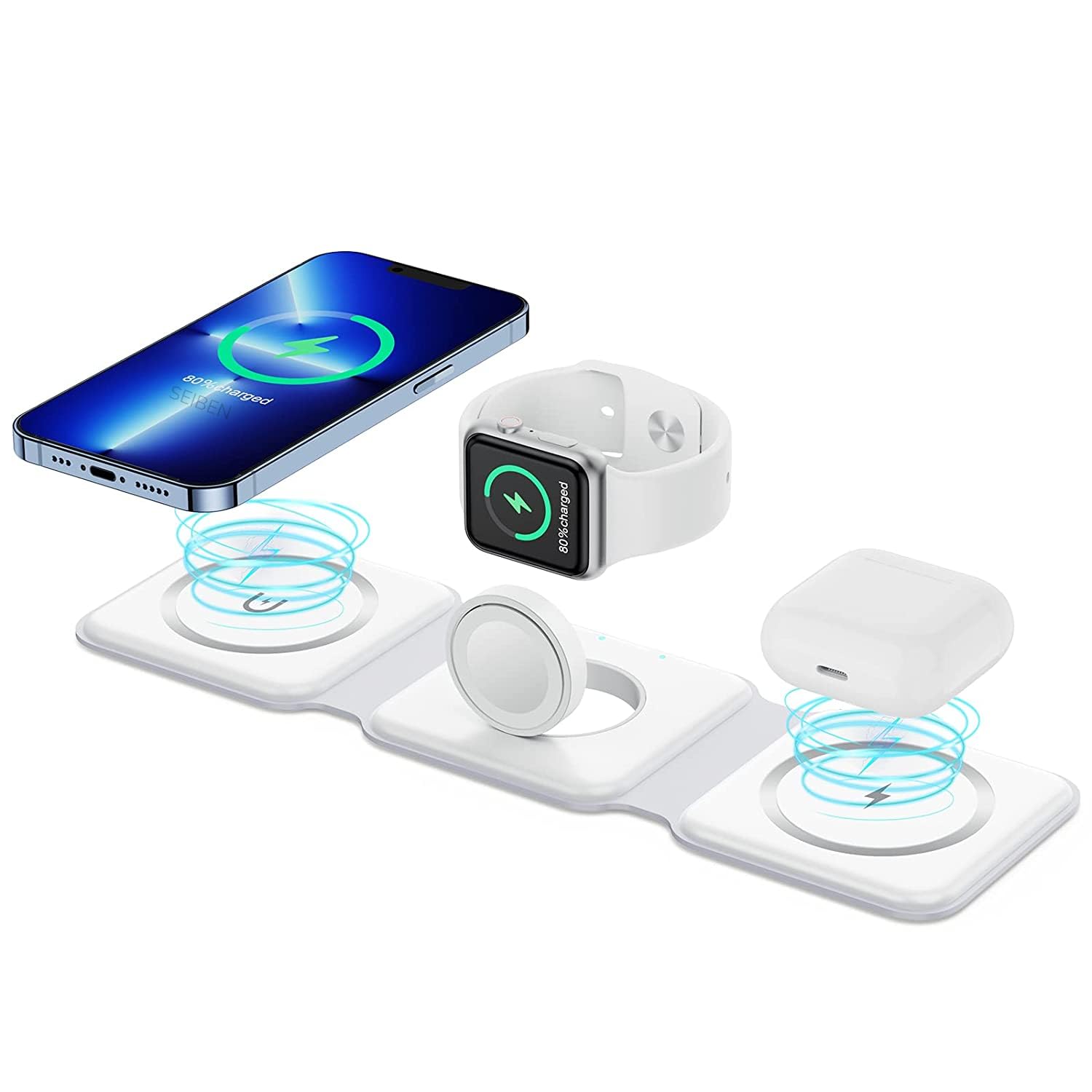 3 in 1 Magnetic Foldable MagSafe Wireless Charger for iPhone 16 to 12 Series | Compatible with AirPods 2/3/Pro | Compatible with only Apple Watch Series | 23W Charging | Wireless Charger - Pearl White