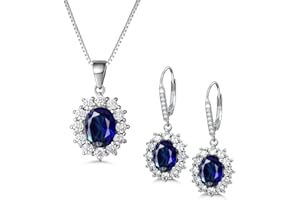 MASOP Silber Damen Schmuck Set, 925 Sterling Silber Saphir Schmuckset, Silber Blau Halskette und Ohrringe Set, Oval Anhänger mit 45 cm Damen Halskette & Ohrhänger, Prinzessin Diana Luxus Schmuck
