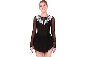 FYMNSI Damen Tanzkleid Eiskunstlauf Kleid Langarm Rollkunstlauf Tanzanzug mit Strass Blumen Chiffon Rock Turnanzug