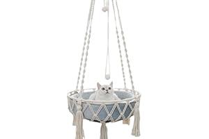 Yuehuamech Macrame Cat Hammock - Handwoven Tassel Hanging Swing Bed, Hand Knitting Nests Basket for Pet Kitten Puppy Sleeping, Playing, Climbing, Lounging - 40cm Width