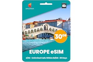 SimCorner Europe & UK Travel eSim Card - 30GB Data, Calls within UK & EU For 30 Days. Use In 50 Countries. Includes 25€ credit for calls. International Travel eSIM Card For Mobile Phones