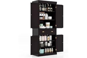 GiantexUK 183cm Tall Kitchen Cupboard, 4-Door Freestanding Pantry Cabinet with Adjustable Shelf, Drawer & Anti-Toppling Device, Wooden Storage Cupboard for Dining Room (without Door Racks, Dark Brown)