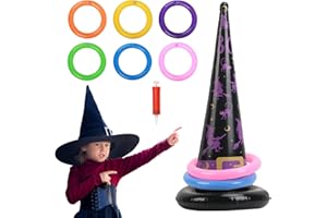 HAKOTOM Halloween Ringwurfspiel Aufblasbare Hexenhut Wurfspiel PVC Hexe Wurf Spiel mit 6 Wurfringe Luftpumpe Halloween Ringspiel für Kinder Eltern Outdoor Indoor Familienspiel