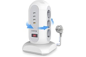 FDTEK Multipresa Verticale，Ciabatta Multipresa con 9 Prese e 4 Porte USB，Torretta Multipresa Elettrica con Protezione da Sovraccarico e Interruttore，Cavo Retrattile da 1,65 m，2500W / 10A