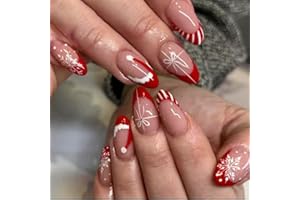 NLFOX Christmas Nails - 24pcs Almond False Nails Short - Red French Tip False Nails Nude - Press On Nails With Xmas Snowflake, Santa Hat, Bow And Strip Design - Cute Stick On Nails For Women Girls Nail Art