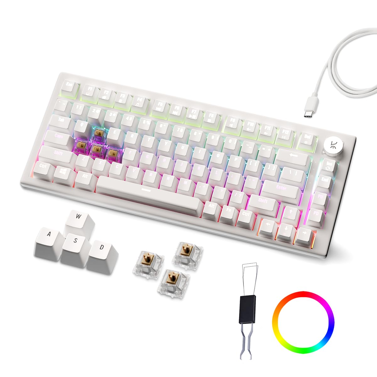 Kreo Hive RGB Anti-ghosting Gaming Keyboard, 75% Tenkeyless Wired Mechanical Keyboard with RGB Backlight, Volume Knob, NKRO, PC Gaming Keyboard Detachable USB C Cable (All White, Brown Switch)