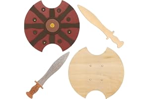 Baker Ross FE458 Espadas y Escudos de Madera de Gladiador - Paquete de 2, espada y escudo de madera para decorar, pintar tus propios juegos para niños, juego de disfraces para niños
