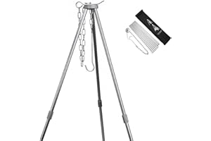 YEARNINGLIFE BBQ Tripod Frame, Tripod Telescopic Frame, Grill Stand, Outdoor Cooking Tripod Set, Folding Campfire Grill Stand, Camping, Hanging Grill, Camping Tripod with Chain & Hook (B)
