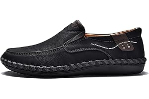 Hoefirm Men's Loafers Flat Leather Slippers Casual Slip on Shoes Breathable Moccasin Hand Stitched Walking Shoes