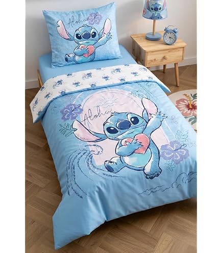 Aymax Angel & Stitch beddengoedset, tweepersoonsbed, omkeerbaar dekbedovertrek 200 x 200 cm 2 kussenslopen 65 x 65 cm, polykatoen, officieel design