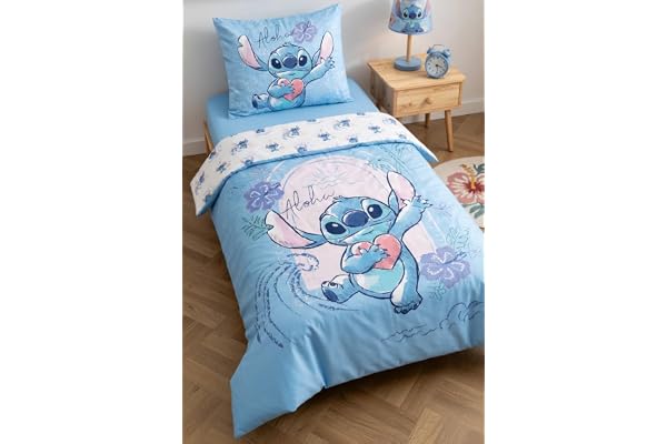 Lilo & Stitch Flicka Enkelsäng Påslakan 135x200 + Örngott Aloha Blå | Vändbart sängset | Enkelsäng | 100% Bomull Oeko-Tex | Stitch | Perfekt present