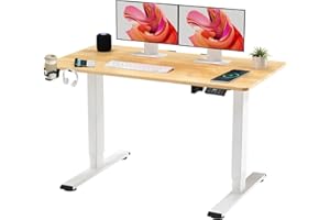 SANODESK QS+110 * 60 Electric Standing Desk ONE PIECE Height Adjustable Standing Desk With Memory Smart Panel Sit Stand Table With Hooks and Cupholder for Home Office (White Frame+ Maple Desktop)