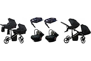 BabyLux® Bambini Passeggino per gemelli Completo Set 4 in 1 - Duo | Onyx - incl. Navicella, Canna, Seggiolino Auto, ISOFIX Base - Carrozzina Neonati Sistema Combinato - con Borsa fasciatoio ecc.