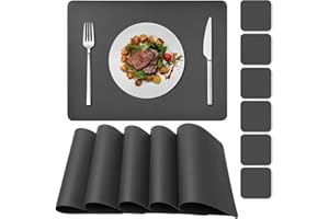 Oinvs Grey Placemats and Coaster sets 6，Square Leather Placemats Waterproof, non-slip Washable Table Mats for Indoor and outdoor Dining Tables, Restaurants