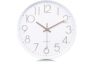 Lafocuse 30cm Horloge Murale Blanc Moderne Silencieuse, Chiffres 3D Or Rose Pendules Murales Facile à Lire, sans Tic-tac Déco pour Cuisine Salon Chambre Bureau