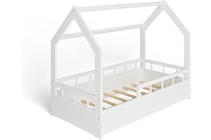 MS FACTORY Lit Enfant Bébé Maison 70x140 cm - Lit en Massif Cabane avec Protection Anti-retombée, Barrière Sécurité - Style Scandinave Montessori - Blanc Demi-barrières