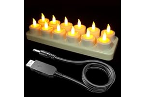 SoulBay Bougies LED Rechargeables, Lot de 12 Bougies Chauffe Plat sans Flamme Scintillantes avec Station de Charge et Câble USB Jaune chaud pour Chambre Décoration Halloween Noel Anniversaire