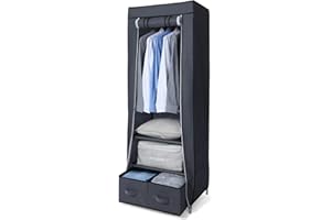 Hododou Portable Wardrobe Single Canvas Wardrobe Clothes Storage Organizer with 2 Drawers and Hanging Rail Foldable Closet for Clothes, Bags, Toys, Shoes, Living Room, Bedroom 160 x 59 x 43CM (Grey)