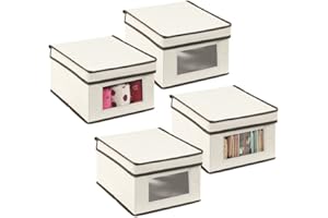 ‎MDESIGN mDesign 4er-Set Aufbewahrungsbox – kleine Aufbewahrungskiste mit Deckel und Sichtfenster aus Kunststoff – rechteckige Schrankbox zur Kleideraufbewahrung im Schlafzimmer – cremefarben und braun