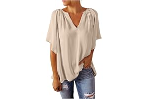 AMHOMELY Womens Tops Shirt Plus Size SaleFashion Summer V-Neck Short Sleeve Solid Casual T-Shirt Blouse Oversize Loose Tunic UK Size Elegant Twisted Sweatshirt for Ladies