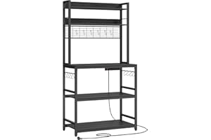 VASAGLE Étagère de Cuisine avec Multiprise, Support pour Micro-Ondes, Étagère de Rangement, avec Panneau Grillagé, 14 Crochets, 40 x 80 x 170 cm, Gris Anthracite et Noir d'encre KKS025B32