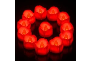 PChero Velas de té LED rojas, 12 unidades, funciona con pilas, temporizador, velas parpadeantes, con diseño de cera goteante, para decoración de bodas, fechas, color rojo