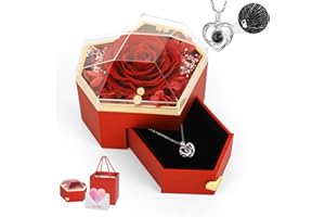 Emibele Preserved Real Rose with Heart Necklace, Eternal Flowers Rose & Crystal Heart Necklace Romantic Gifts for Women Mom Wife Girlfriend on Christmas Valentines Mothers Day Birthday Anniversary