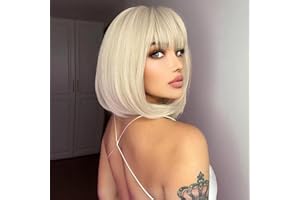 COLORFUL PANDA ColorfulPanda - Parrucca sintetica corta a caschetto da donna, capelli lisci e setosi, con frangia, per feste o uso quotidiano (biondo chiaro)