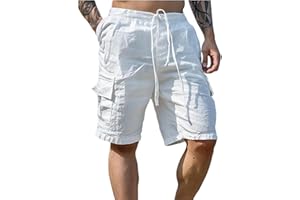 PADOLA Short Homme Coton Lin Bermuda avec 4 Poches Été Plage Cargo Shorts et Bermudas Taille Elastique Short de Travail Cordon de Serrage Uni Baggy Pantacourt Casual Décontracté