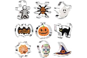 CRETHINKATY Halloween Cookie Cutters-9Pcs Halloween Cookie Cutter Set-Pumpkin,Ghost,Bat,Skull,Spider,Witch Hat,Spider Web,Gingerbread Man,Cat Cookie Cutters-Halloween Cookie Cutters Stainless Steel.