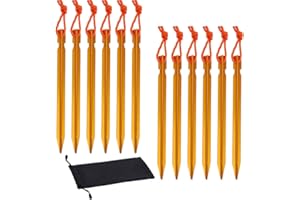 Rovtop 12Pcs Y-shaped Lightweight Metal Tent Pegs, Golden Ground Pegs Camping Heavy Duty Tent Stakes Pegs 18cm Aluminium Alloy with Reflective Rope, for Camping, Beach, Outdoor and Sand