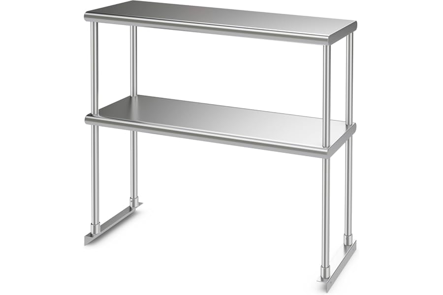 TANGZON Stainless Steel Double Overshelf, 36/48x12 Inch Heavy Duty Catering Table with Adjustable Shelf, Commercial 2 Tier Shelf Food Prep Table Workbench for Home Kitchen (92 x 30 x 85cm)