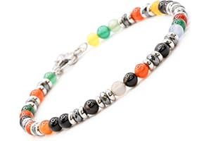 Omi Creative Concept - Bracciale Uomo Acciaio - Bracciale Donna Acciaio - Unisex, Sfere Colorate 4 mm, Lunghezza 18+3 cm - Con Pietre - Nero Turchese Lapislazzuli Occhio di Tigre