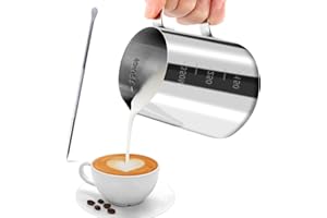JOPHEK Jarra Leche Barista 304 Acero Inoxidable, Jarra de Espuma de Leche, Jarra de Leche con Medición e Lápiz Decorador Para Espresso, Taza de Café para Espumar, Jarra Cafe para Espresso (350ML)
