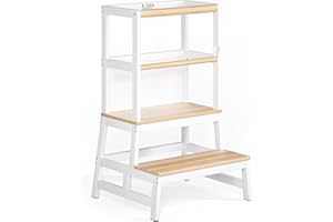 SPIELWERK® Torre de Aprendizaje Montessori Niños Pizarra Desde 2 años 100Kg Taburete Infantil 93cm Antivuelco Madera Pino Ayudante Cocina Blanco