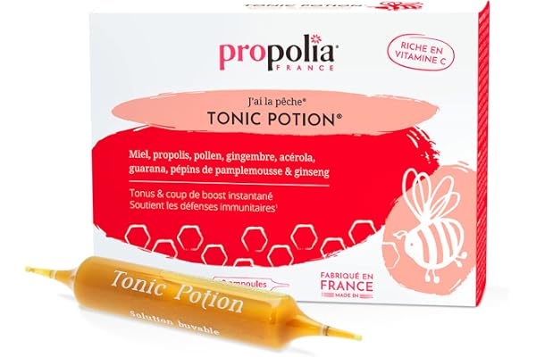 PROPOLIA - Tonic Potion - Complément alimentaire Tonus & Immunité - Boost d'énergie - Miel, Propolis, Pollen, Gingembre, Acérola, Guarana, Ginseng - Fabriqué en France - 10 Ampoules
