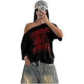 SXV STYLE Women Cowboy Style Loose Fit Slouch Shoulder T-Shirt, Black