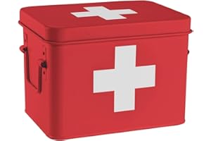 Harbour Housewares Vintage Metal First Aid Box - 23cm - Red - Compact Medical Storage Tin with Removable Tray & Handles - Steel Emergency Medicine Storage Plasters, Pills & Essentials