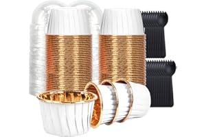 LMYSUFI Fodere per cupcake con coperchio a cupola, 100 pirottini da forno in stagno, per muffin, torte, budini, dessert, feste di Natale, matrimoni, compleanni (oro bianco, con cucchiai)