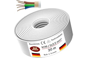 MAS PREMIUM Przewód elektryczny do wilgotnych pomieszczeń 5, 10, 15, 20, 25, 30, 35, 40, 50, 60, 70, 75, 80, 90 lub 100 m przewód płaszczowy NYM-J 5 x 2,5 mm² do stałego montażu (20 m)