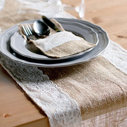 DIS 50 Stück Natur Jute Sackleinen&Lace Rustikales Besteck Messer und Gabeln Besteck Set Bestecktasche Halter Party Hochzeit Dekor , 4 x 8 inch - 6