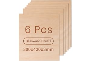 ROWOOD Basswood Plywood Sheets 6PCS 420x305x3mm A3 Laser Engraving Materials Plywood Board for Model Making DIY Wooden Crafts Ideal for Laser Cutting Wood Burning Painting CNC