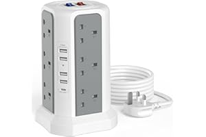 HAFINO Tower Extension Lead with USB Slots and USB C Fast Charger, (13A 3250W) 5 USB Ports and 12 Way Extension Tower, Extension Cable for Home, Office (Gray and White, 1.8M)