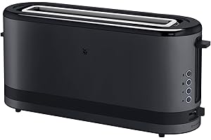 ‎WMF WMF Küchenminis Langschlitztoaster 2 Scheiben mit Brötchenaufsatz, Toaster schmal, XXL, Bagel-Funktion, 7 Bräunungsstufen, 900W, Toaster edelstahl matt, schwarz