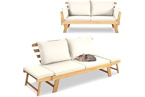 GIANTEX 2-osobowa składana sofa rozkładana z poduszkami, podwójna sofa rozkładana na łóżko, rama z drewna akacjowego, ławka dla 2 osób, na balkon, patio, do ogrodu (beżowa)