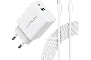 HECHOBO Chargeur Rapide Iphone, Chargeur 20W avec Prise USB C et Prise USB A et câble de 2 m pour IPhone 13/12/11/11Pro/11Pro Max/XS/XS Max/XR/8, Samsung S20/S10/S9, iPad Pro/Air/ipad Chargeur Rapide USB C