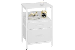 YMYNY Comodino, Tavolino con 2 Cassetti in tessuto, 2 Scaffale aperte, Tavolino Salotto, Tavolino da Divano, Tavolino da Notte per Camera da Letto, Soggiorno, Bianco con venatura di legno HST011W