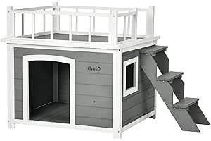 PawHut Hundehütte Hundehaus mit Balkon, Erhöhtes Kleintierhaus mit Treppe, Fenster, Hundehöhle für Mittele, Große Hunde, Tannenholz, Hellgrau, 121 x 77 x 78 cm