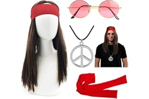 iZoeL Deguisement Annees 80s 70s Deguisement Hippie Femme Homme - Perruque T Shirt Lunettes Collier de Paix Accessoires, Costume Halloween/Disco/Hippie/Carnaval/Anniversaire/Fête